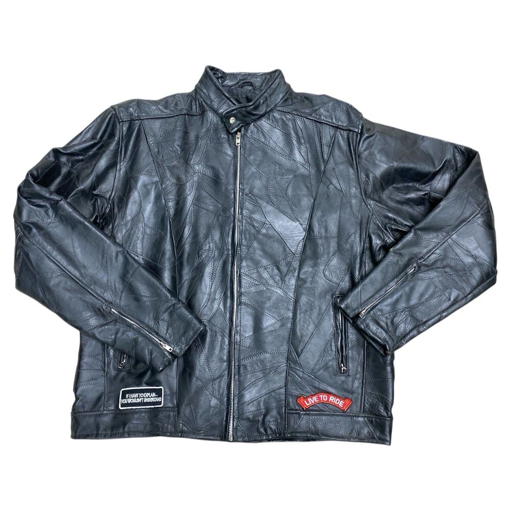 Diamond Plate Men' Buffalo Leather Live to Ride Motorcycle Jacket 2XL Black